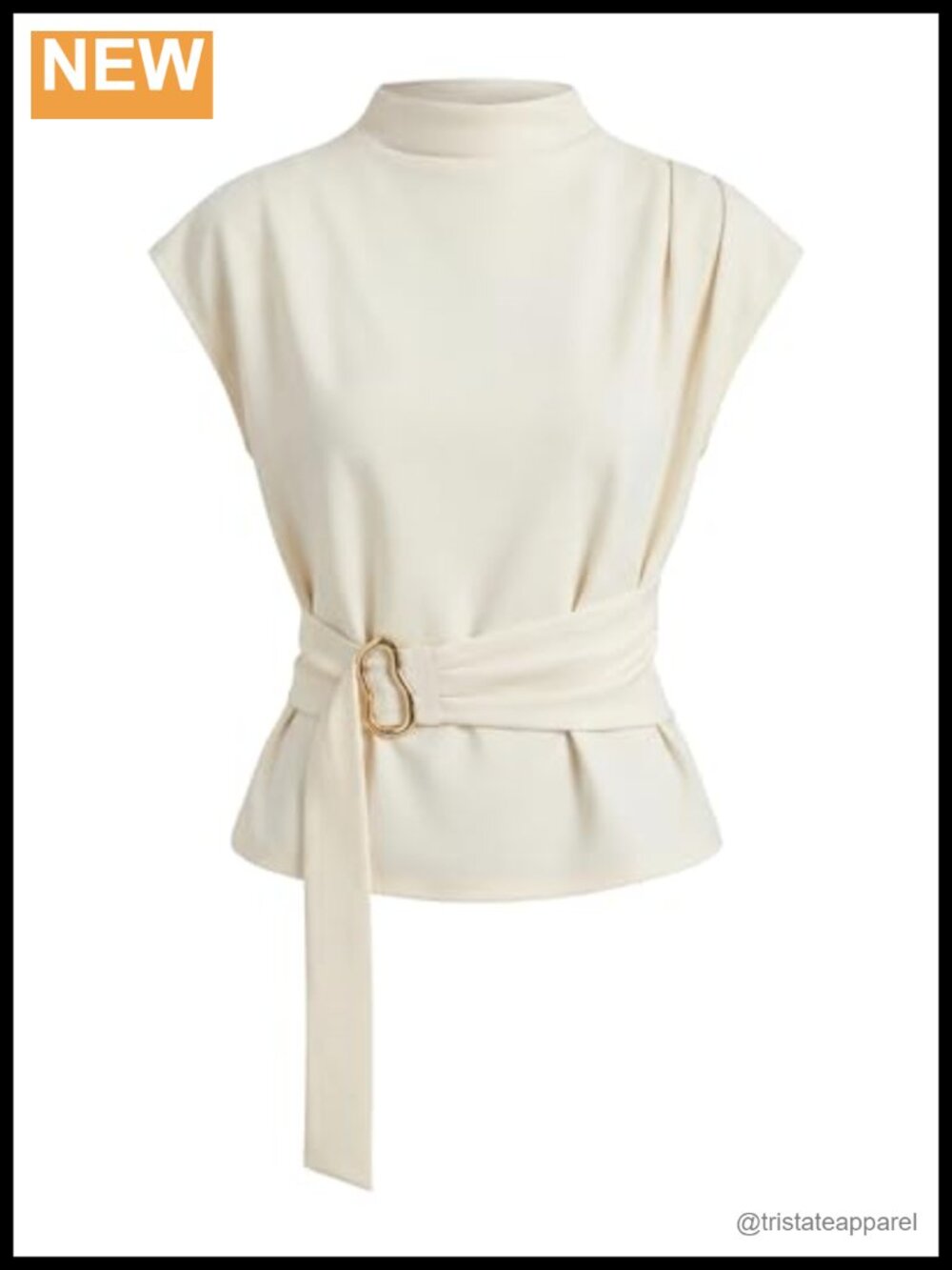 Women's Mock Neck Blouse Cap Sleeve Tie Waist Work Shirt